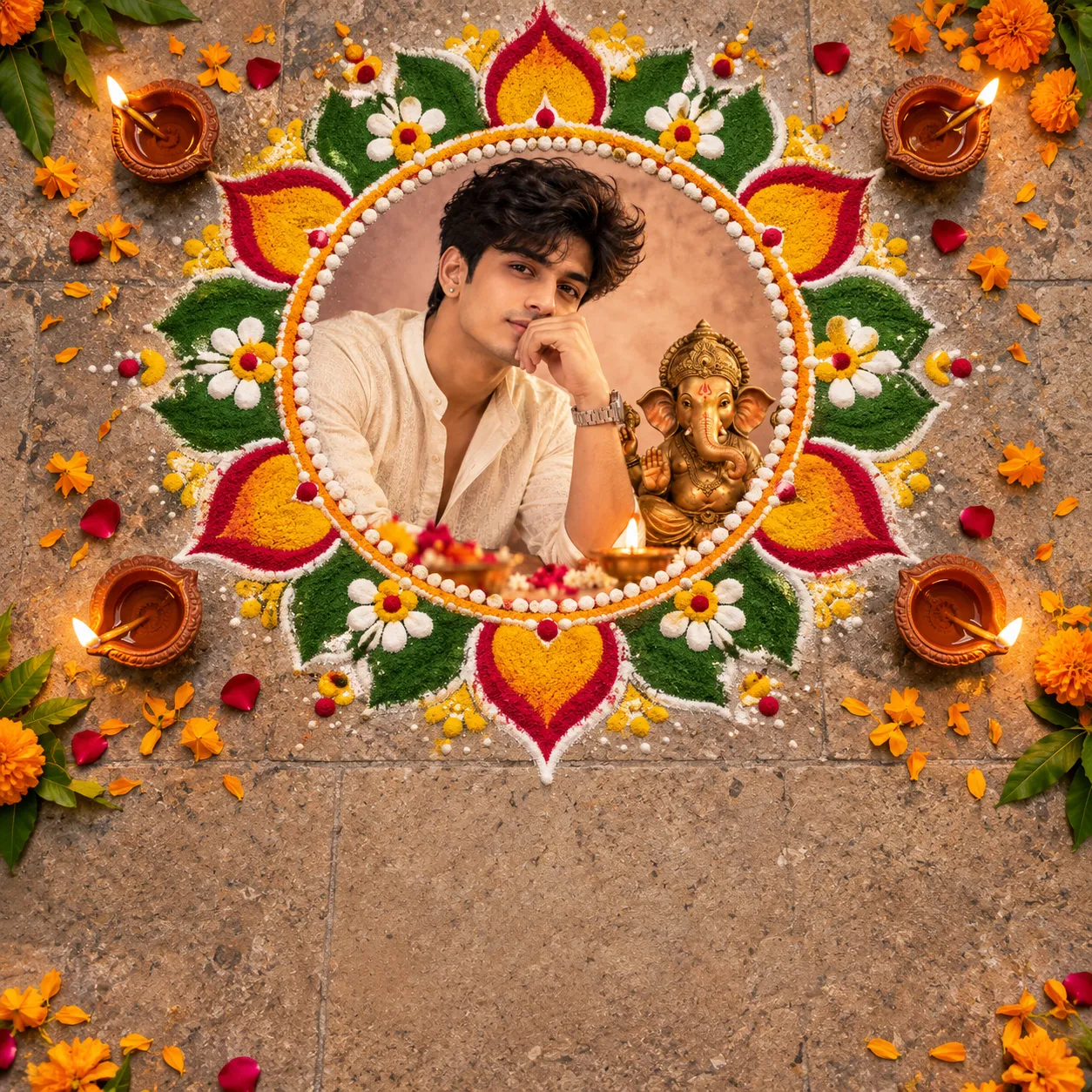 AI-generated example for Rangoli Frame Shot — Ganesh Chaturthi AI photo prompt