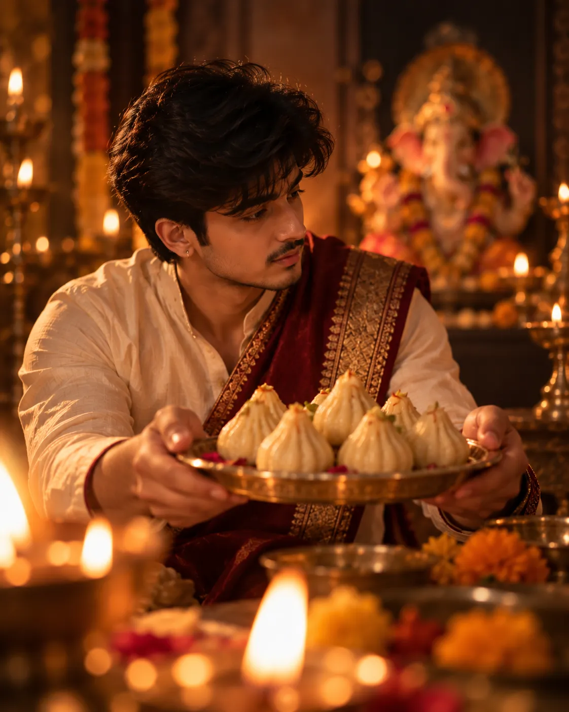 AI-generated example for Modak Offering Close-Up — Ganesh Chaturthi AI photo prompt